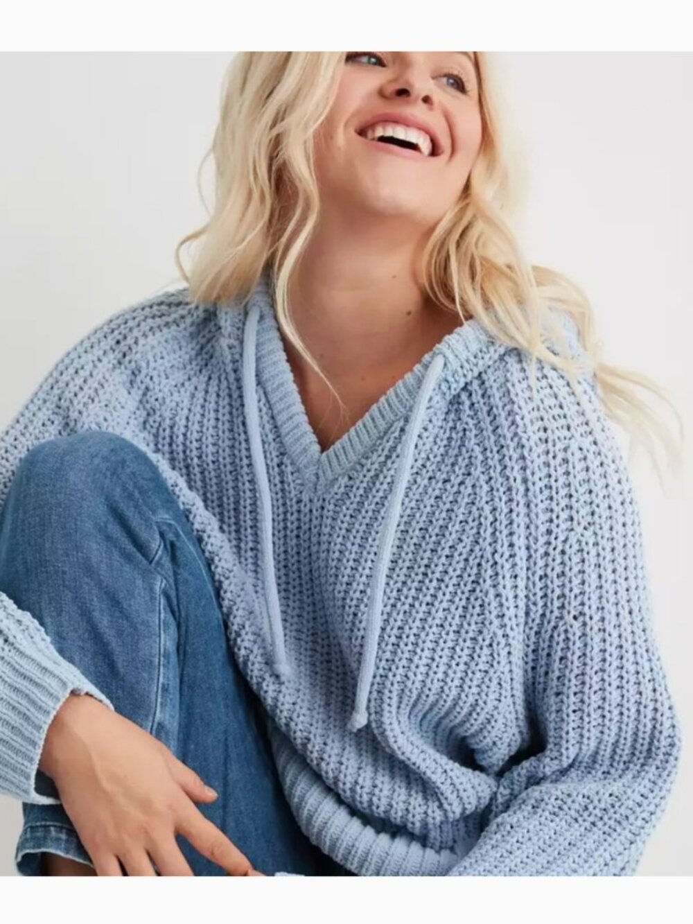 AERIE AMERICAN EAGLE Ribbed Chenille Hoodie Light Blue Pullover Hooded Sweater